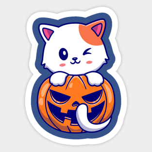 Cute Cat With Pumpkin Halloween Cartoon Sticker